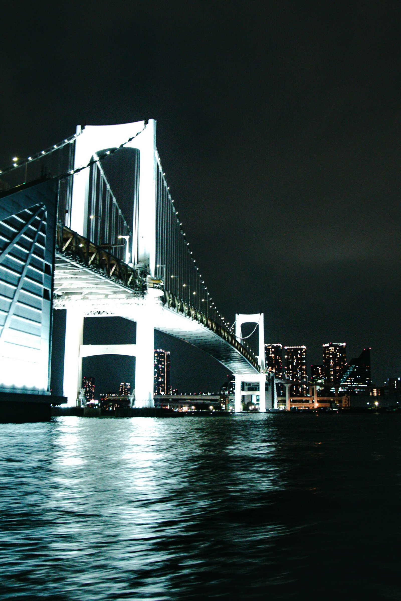 Illuminated Rainbow Bridge and Tokyo skyline at night. An iconic urban landscape.